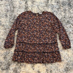 J Jill Women’s Size M Tiered Floral Print Tunic Top Smocked Long Sleeve Boho